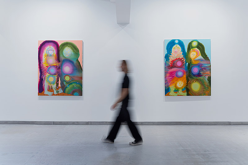 Aaron Johnson, vista de la exposición con pinturas al oleo psicodéilcas con mucho colorido