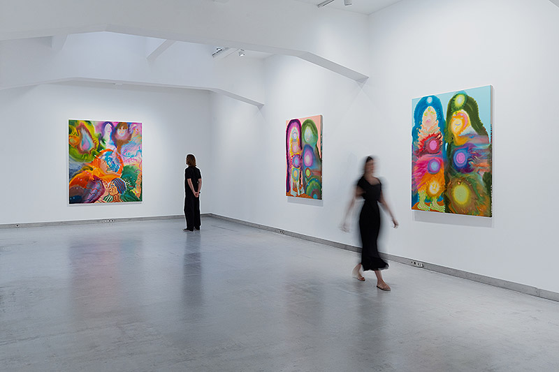 Aaron Johnson, vista de la exposición con pinturas al oleo psicodéilcas con mucho colorido