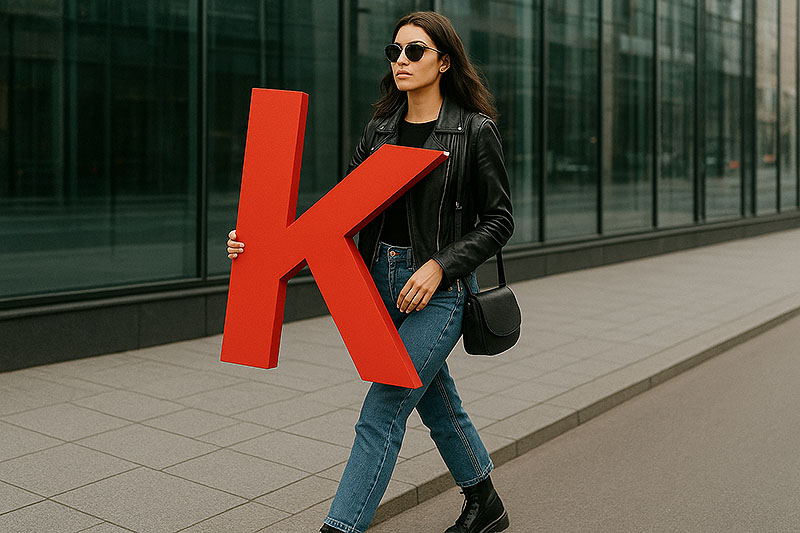 Kosmopolis - una mujer carga cin una gran letra k de color rojo