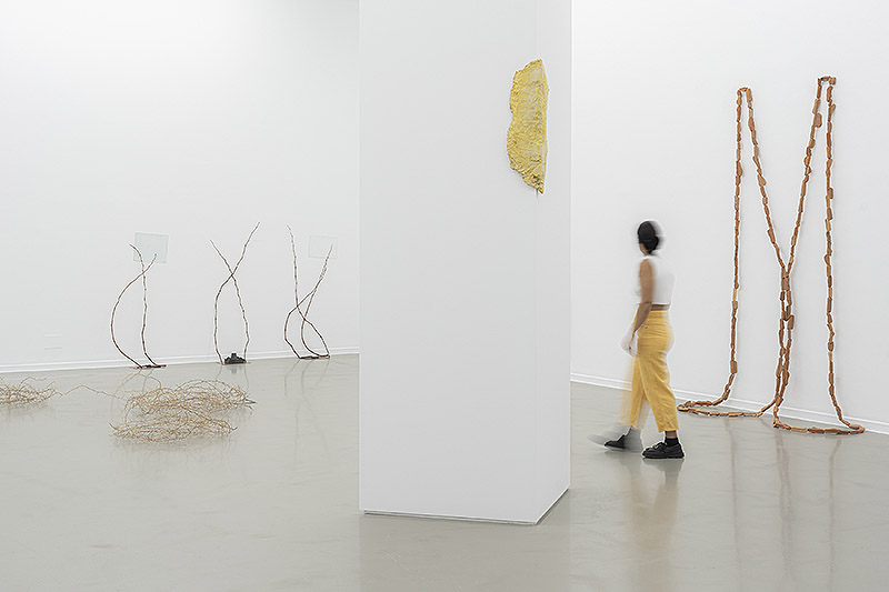 Oro tejido con Paja - vista de la exposición con esculturas por las paredes y el suelo