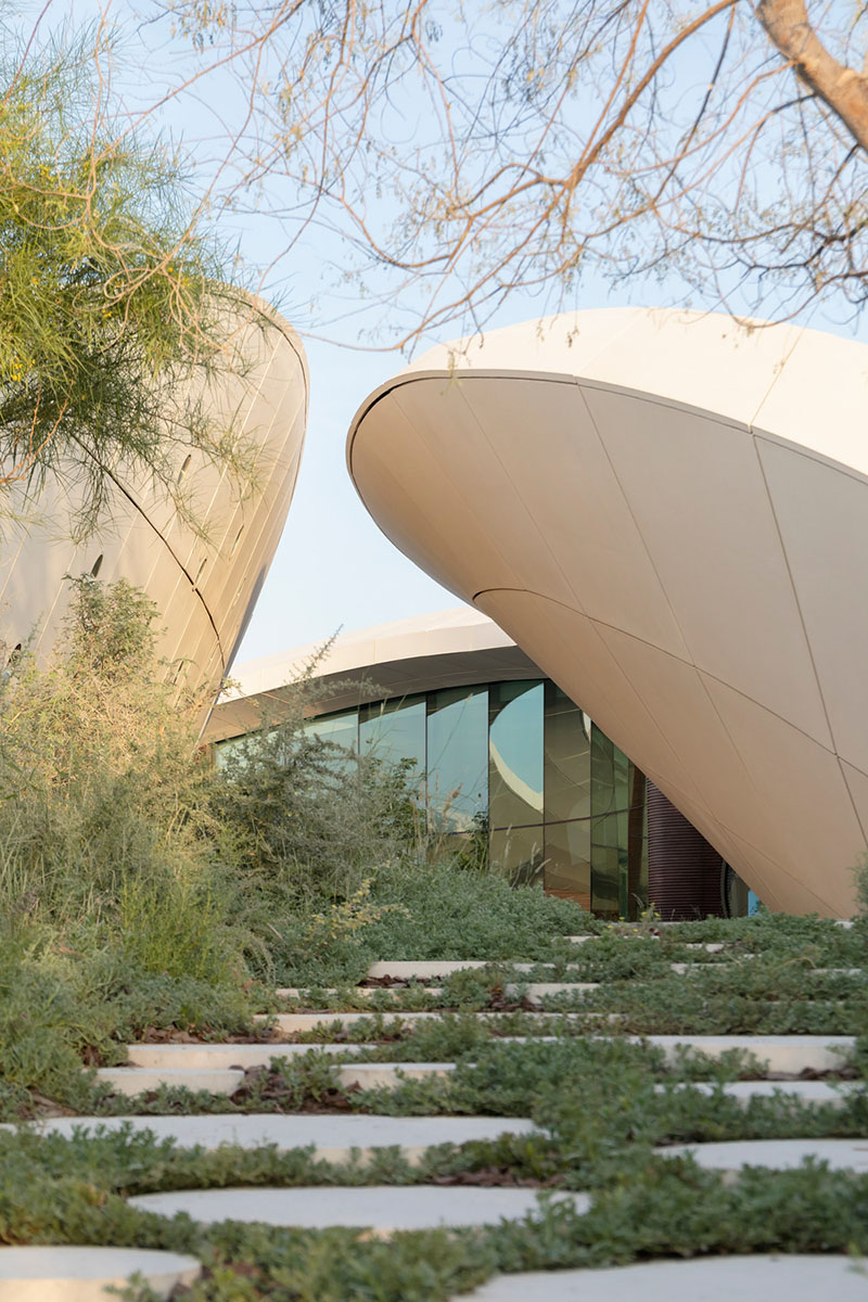 Acceso entre volúmenes curvos con cristaleras del Centro de Experiencia Ghaf Woods diseñado por Aoe estudio arquitectura china