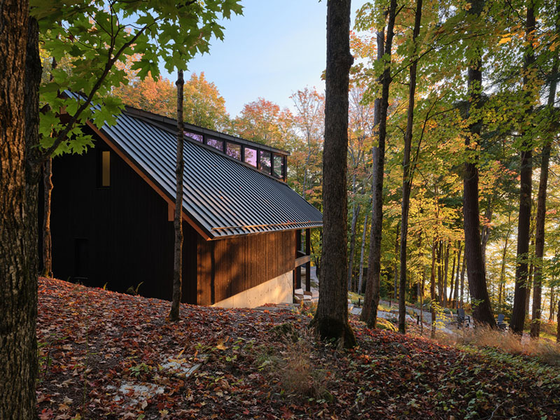 Volumen inclinado de la casa de Barbora Vokac Taylor Architect orientado hacia el bosque