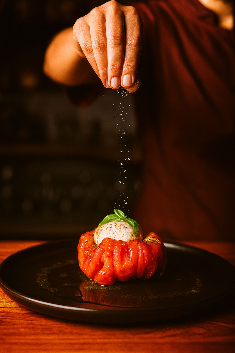 El Patio de LaTomata. gran tomate rosa con una burrata
