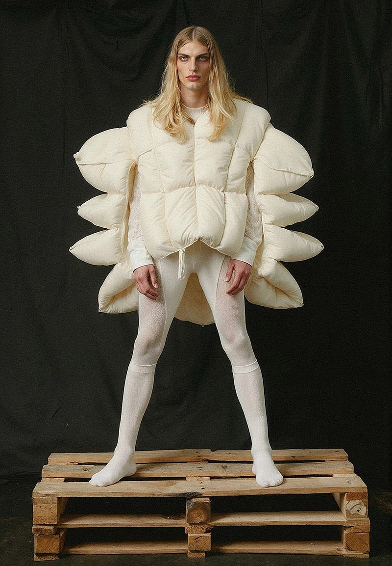 Imagen de modelo con ropa parecida a edredón