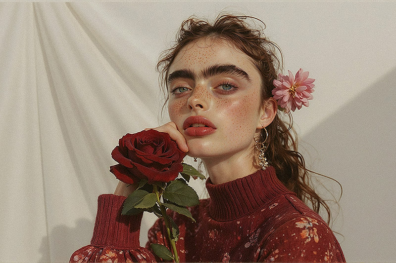 Mujer maquillada extrañamente con flores en la cabeza.
