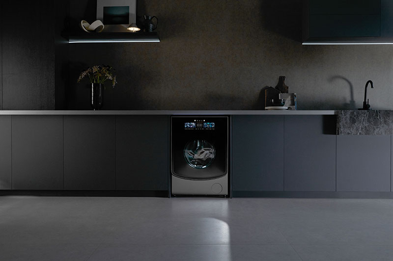 lavadora-secadora Roborock Zeo X: lavadora-secadora Roborock Zeo X integrada en un mueble de cocina moderno.