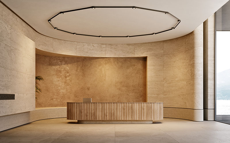 Recepción circular con instalación MAP de Geckeler Michels para Lodes configurada en forma de octágono sobre techo de yeso curvo