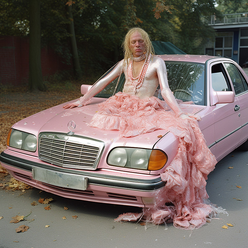 Apocalisis Putin - foto de un personaje raro sobre un coche mercedes rosa