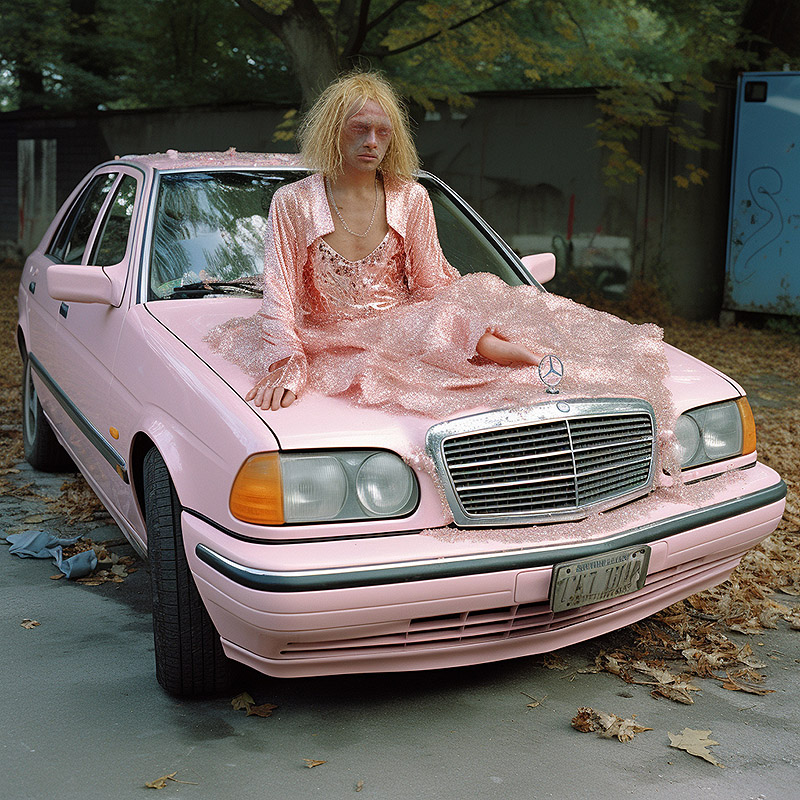 Apocalisis Putin - foto de un personaje raro sobre un coche mercedes rosa