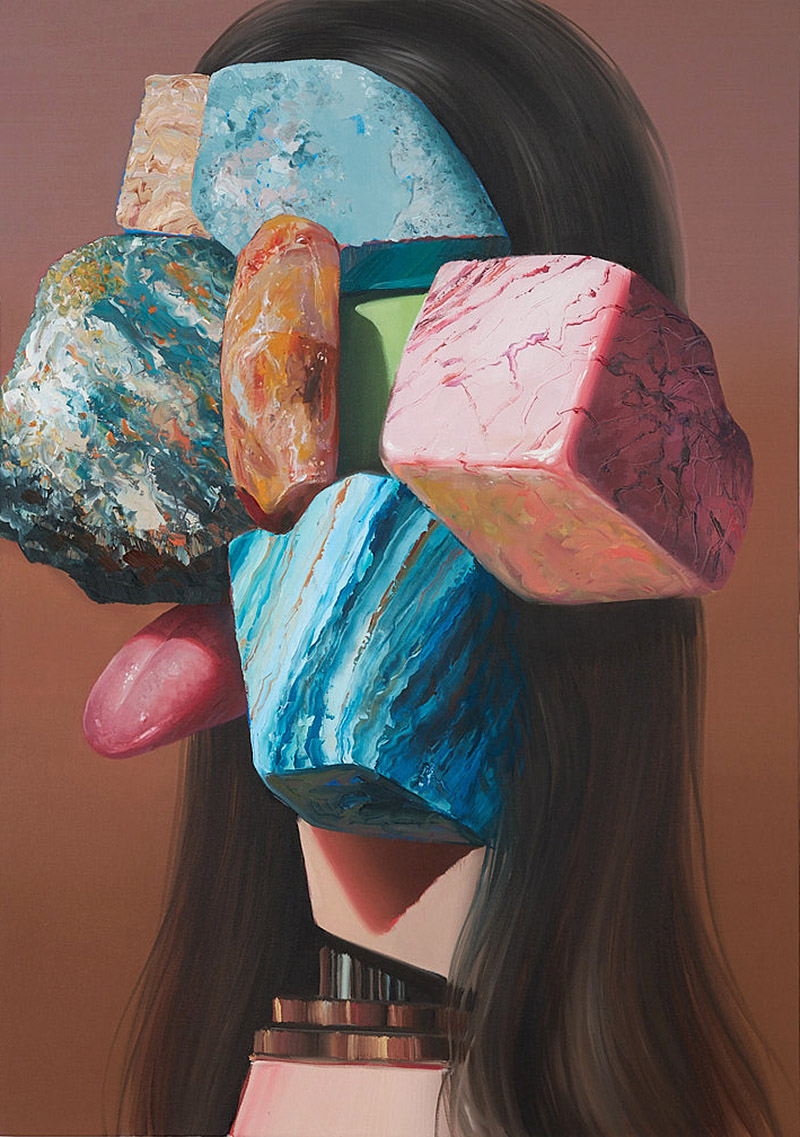 Horacio Quiroz, pintura al óleo , un retrato de mujer con piedras por delante de la cara