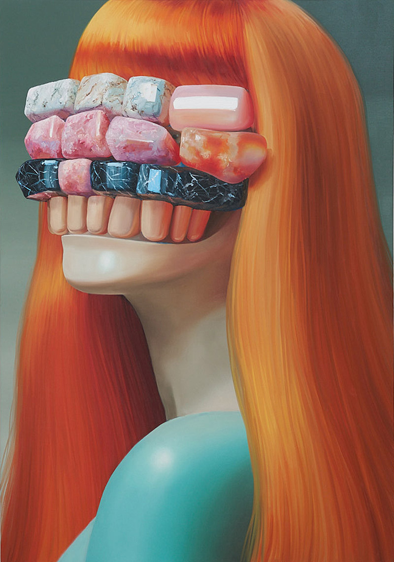 Horacio Quiroz, pintura al óleo , un retrato de mujer con piedras por delante de la cara