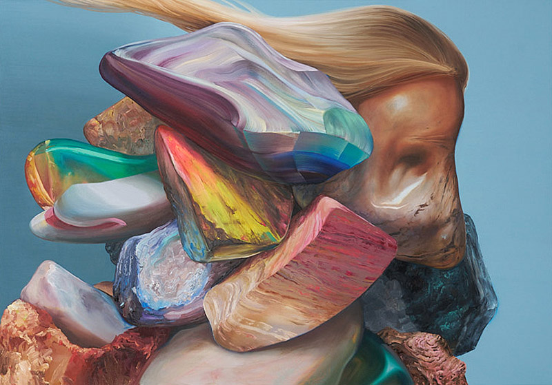 Horacio Quiroz, pintura al óleo , un retrato de mujer con piedras por delante de la cara