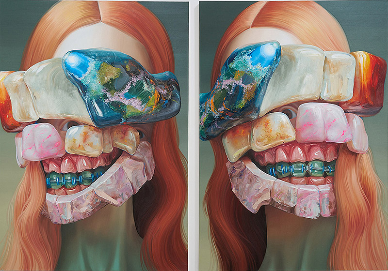 Horacio Quiroz, pintura al óleo , un retrato de mujer con piedras por delante de la cara