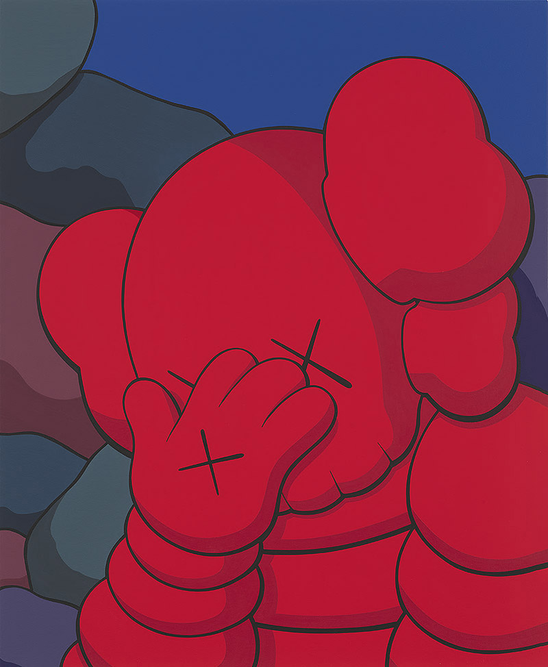 Kaws - figura clásica del artista con cabeza de calavera y pelo de payaso