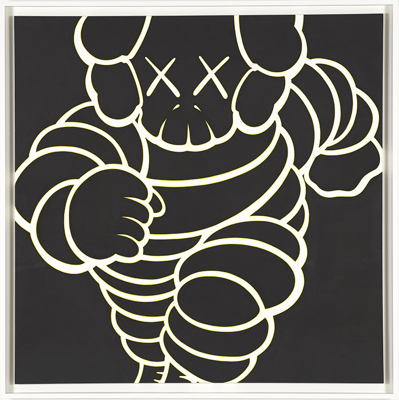 Kaws - figura clásica del artista con cabeza de calavera y pelo de payaso