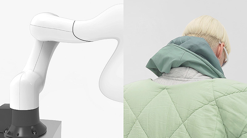 Imágenes de Oracle de Mit Borrás, performer vestido en color verde pastel y un brazo robótico