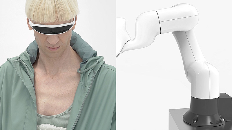 Imágenes de Oracle de Mit Borrás, performer vestido en color verde pastel y un brazo robótico