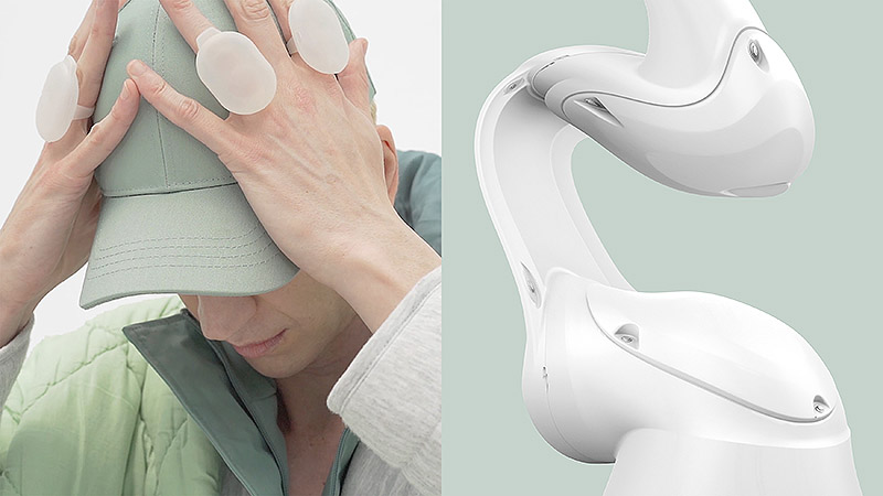 Imágenes de Oracle de Mit Borrás, performer vestido en color verde pastel y un brazo robótico