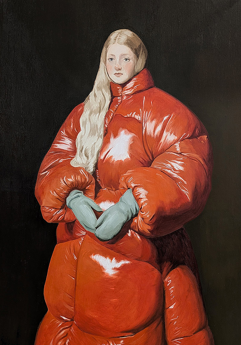 Nieves Gonzalez - retrato al óleo de chica con abrigo plumífero