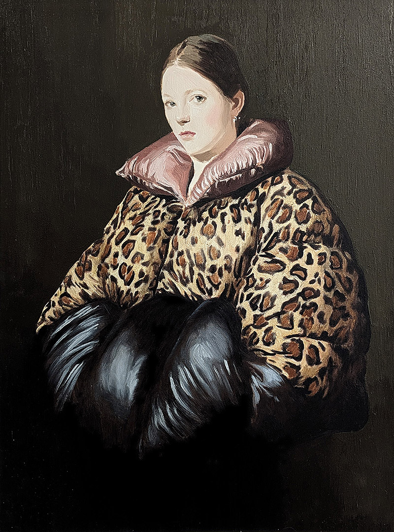 Nieves Gonzalez - retrato al óleo de chica con abrigo plumífero