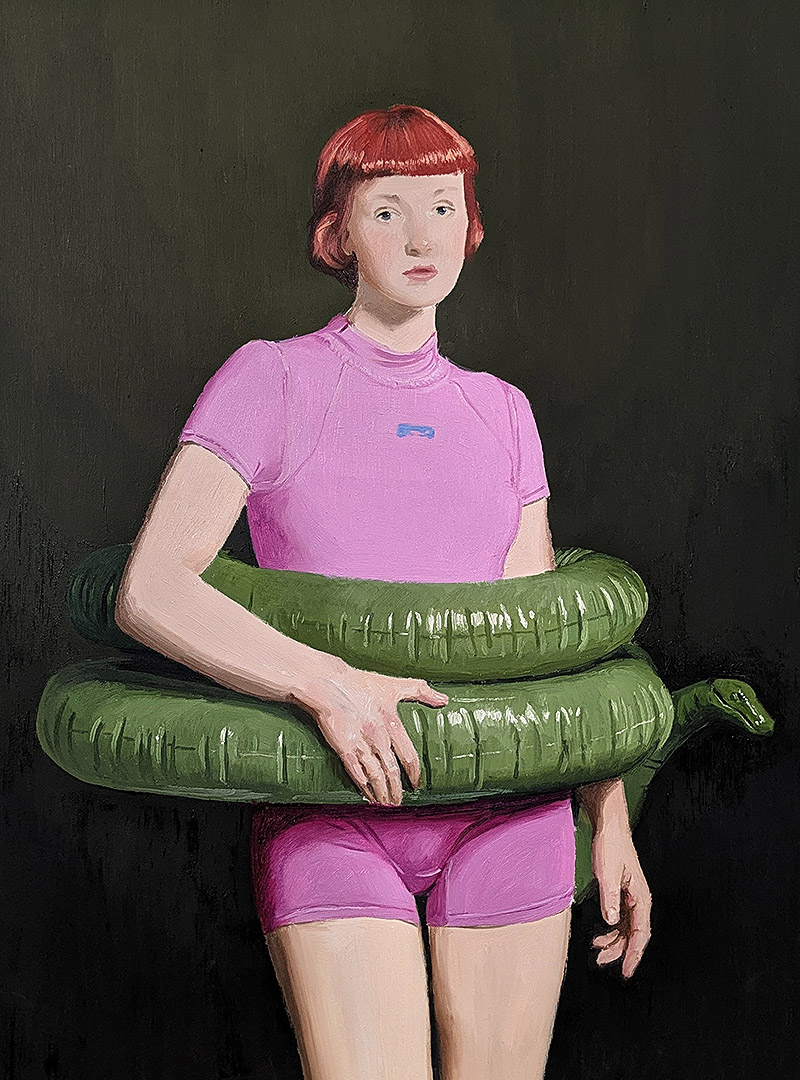 Nieves Gonzalez - retrato al óleo de chica con flotadores verdes