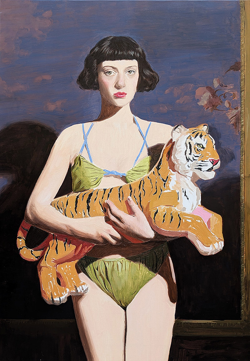 Nieves Gonzalez - retrato al óleo de chica con in tigre de peluche