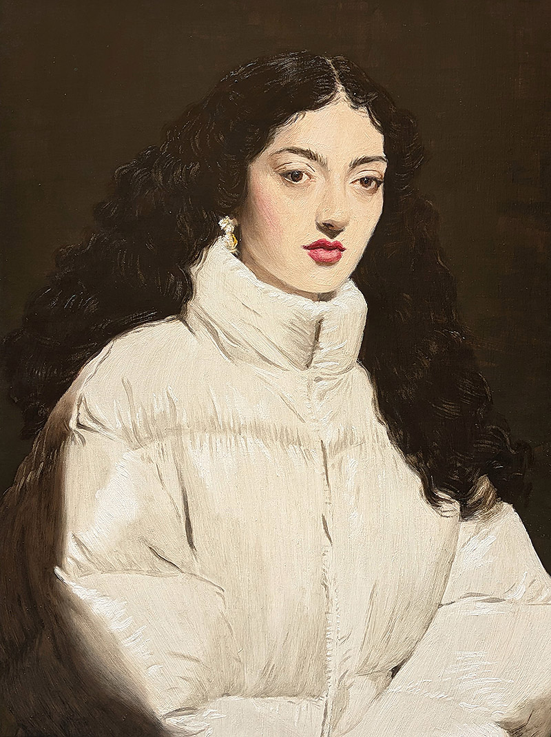 Nieves Gonzalez - retrato al óleo de chica con abrigo plumífero