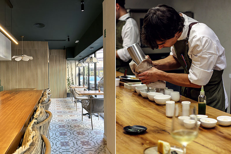 Vista del local desde la barra de iroko y Arán Rodrigo en el restaurante Pipilacha