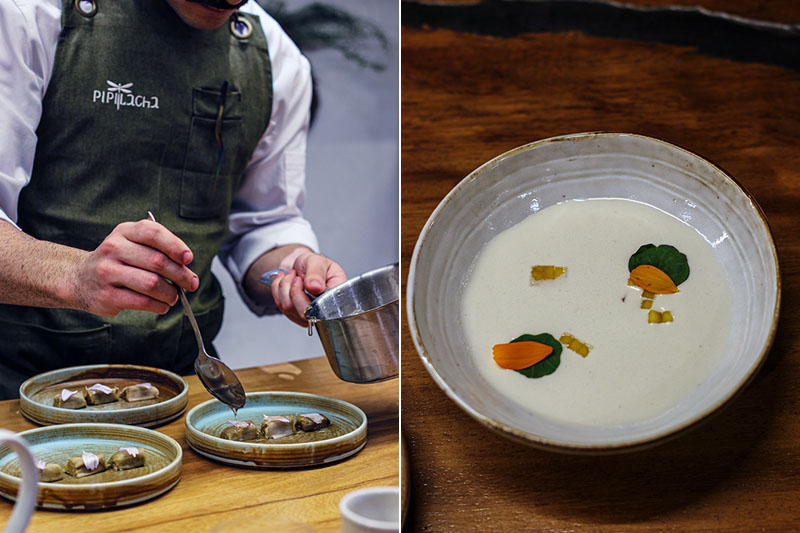 Noé David acaba el plato de puerro y ajoblanco de coco en el restaurante Pipilacha