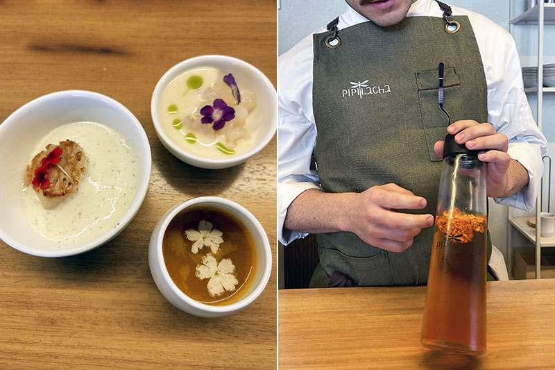 Trilogía de Vieira-verbena con el vino teñido de tagetes en el restaurante Pipilacha