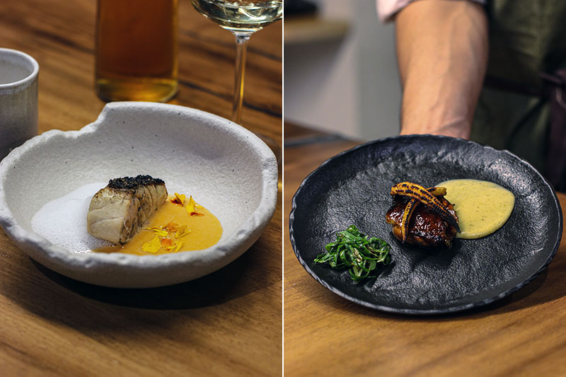 Corvina-tagete y Cordorniz-hinojo, platos principales del restaurante Pipilacha