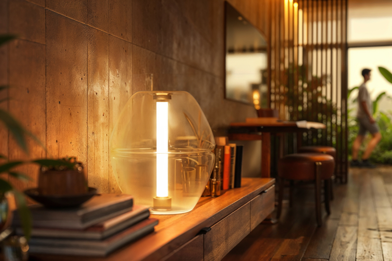 Lámpara de sobremesa de la colección Venus de Sulion, ubicada sobre un mueble auxiliar