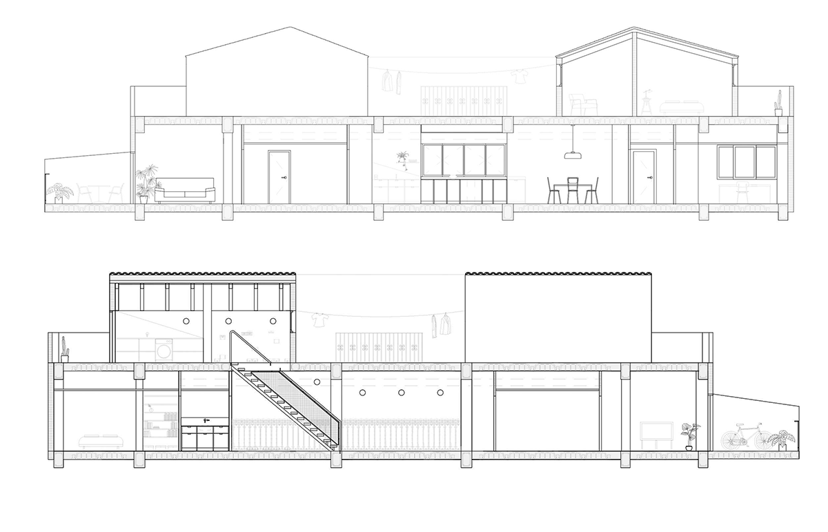 Secciones del dúplex en Alboraia proyectado por Maria Aucejo, arquitecta, que muestran la organización en dos plantas