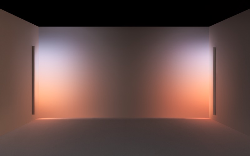 Offset: los lámparas de pared de la colección Offset que iluminan en tonos cálidos de izquierda a derecha un espacio diáfano de forma indirecta con la proyección de la luz en la pared frontal.