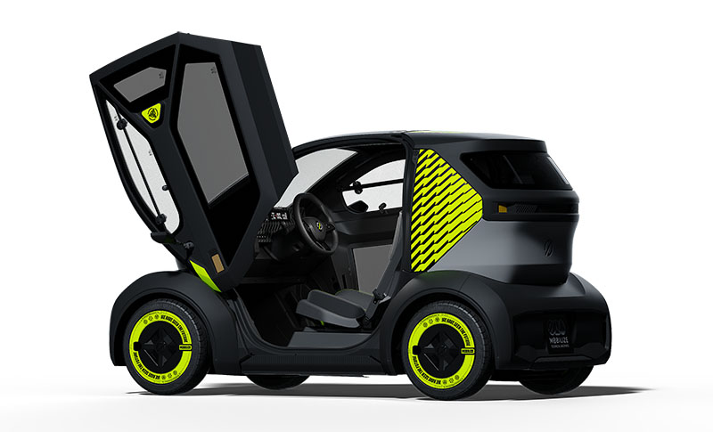TheArsenale: un automovil eléctrico de dos plazas en color negro y con toques verde fluorescente