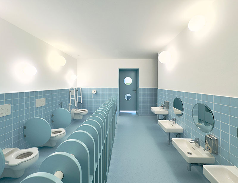 Xtopix Architekti proyecta los aseos con alicatado azul, mamparas circulares y luminarias de pared