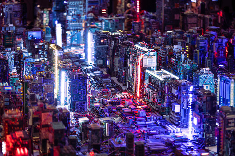 Vista futurista de una gran ciudad de noche