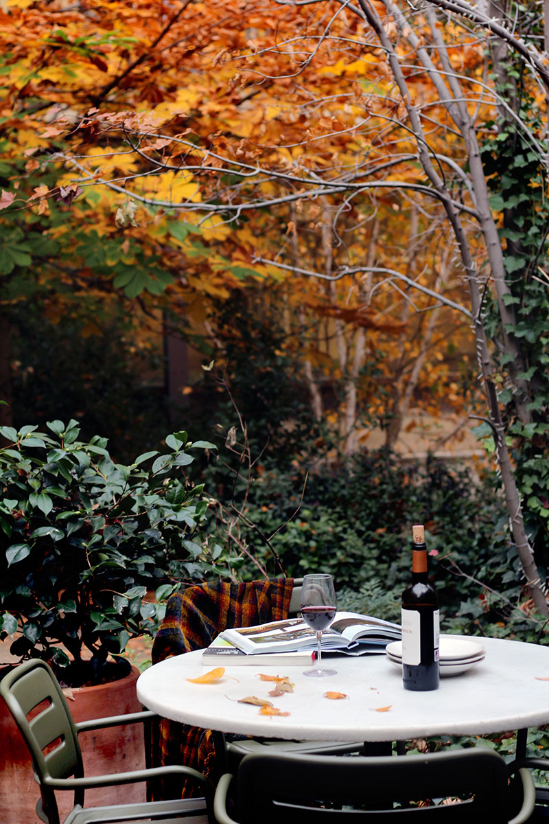En la terraza del restaurante Bosco de Lobos, una mesa con vino, hojas caídas y un libro abierto se funde con el paisaje de otoño