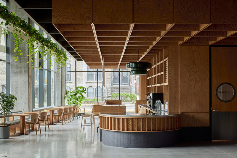 El café del Centre Sanaaq muestra una zona de atención circular con mobiliario de madera y ventanales hacia la calle