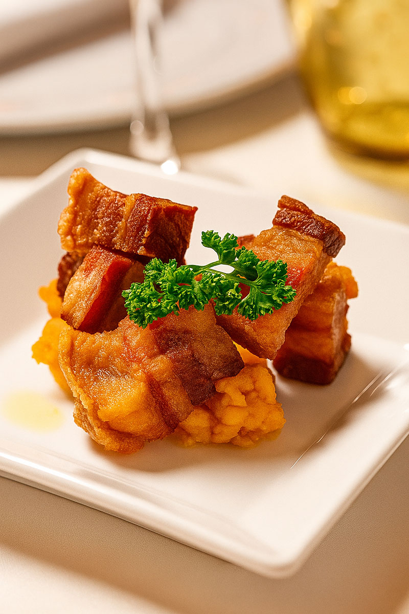 Torreznos sobre puré de patata como parte del menú tradicional de Navidad en Marmalé con vino Cepa 21.