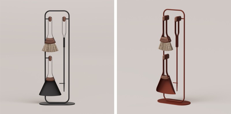 Eldvarm Fumi: piezas de Fumi Companion Set de Eldvarm en colores negro y teja sobre un fondo de estudio en tono perlado.