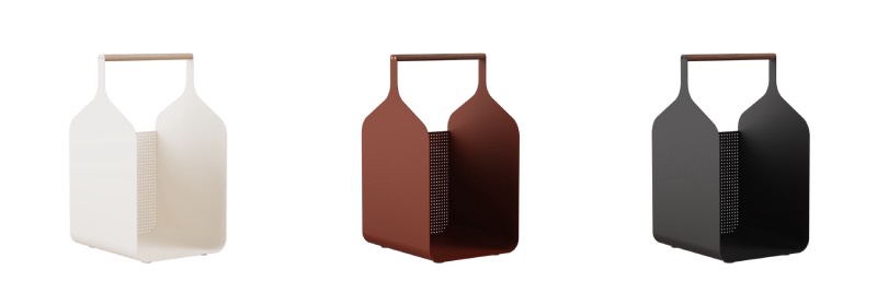 Eldvarm Fumi: piezas de Fumi Log Holder de Eldvarm en colores blanco, teja y negro en línea de izquierda a derecha sobre un fondo blanco.