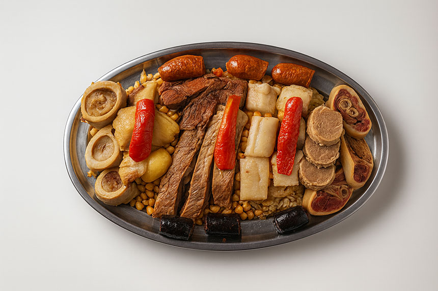 La bandeja completa del cocido madrileño de La Gran Tasca con todos sus ingredientes dispuestos en una fuente metálica