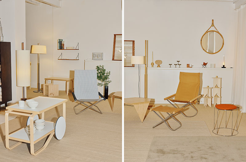 Vista general del showroom de Matèria, tienda de mobiliario en Barcelona, con piezas de diseño contemporáneo