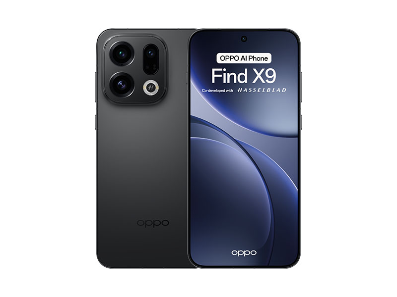 El nuevo Oppo Find X9 se muestra en color oscuro con su diseño frontal y trasero, dentro del conjunto de ofertas de lanzamiento