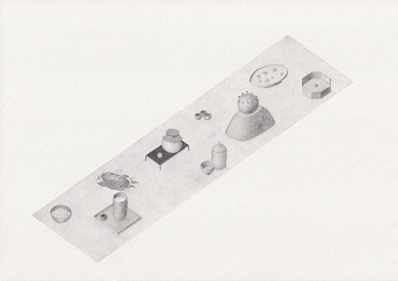 Sara García asocia la hospitalidad a un dibujo a lápiz que presenta distintos recipientes y objetos ordenados en secuencia