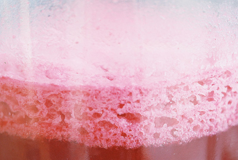 Sara García muestra la hospitalidad en un detalle de un fermento rosado que revela capas de espuma y líquido