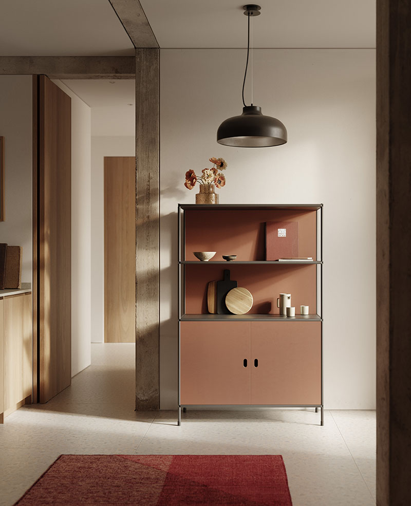 Doi presenta el sistema D1 como mueble auxiliar en un recibidor con paneles en tono terracota