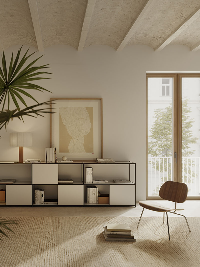 Doi integra el sistema D1 como módulo de almacenaje en un salón iluminado por un ventanal