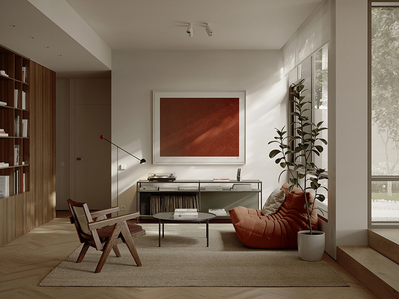 Doi sitúa el sistema D1 en un salón con aparador bajo y mesas redondas centrales